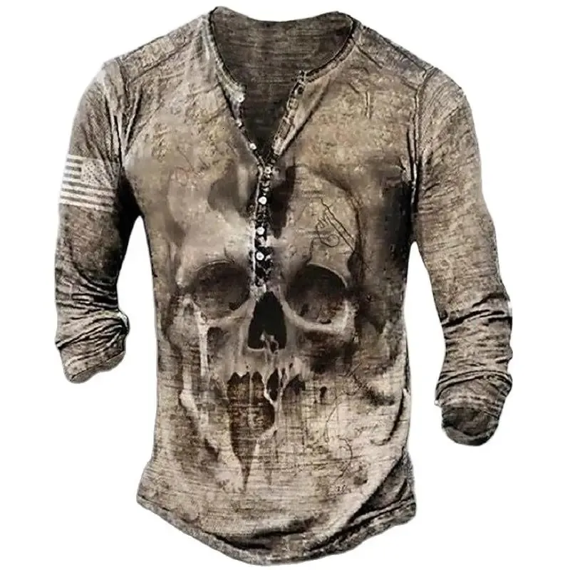 Horror Skulls Print Men's Henley Shirt Tshirts Spring Cotton Casual ButtonDown VNeck Long Sleeve Street Tops Men Clothing 5XL 240119