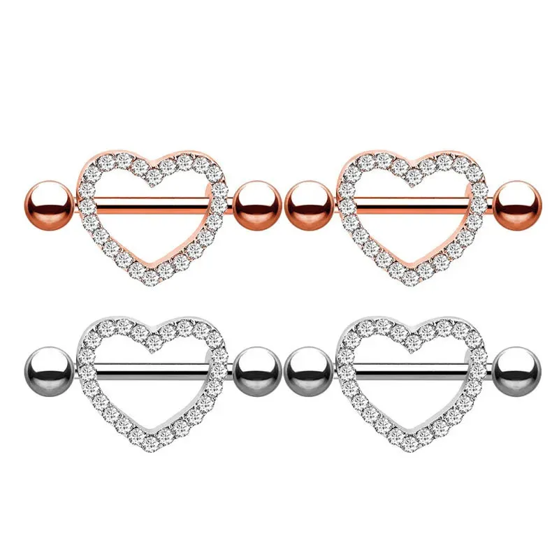 Heart Nipple Bars Crystal Gem Rings Body Piercing Jewelry Rose Gold Color Sexy Steel Straight 14G Wholesale 240127