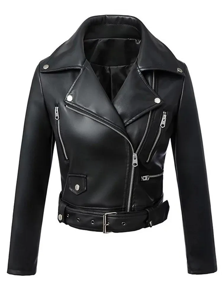 Ftlzz Women Autumn Winter Black Faux Leather Jackets dragkedja BASIC PLOW Turn-Down Collar Motor Biker Jacket med bälte 240125