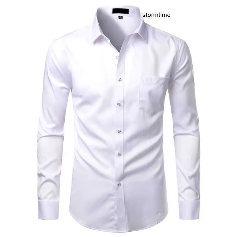 White Mens Bamboo Fiber Shirts Casual Slim Fit Button Up Dress Shirts Men Solid Soical Shirt With Pocket Formal Business Camisas