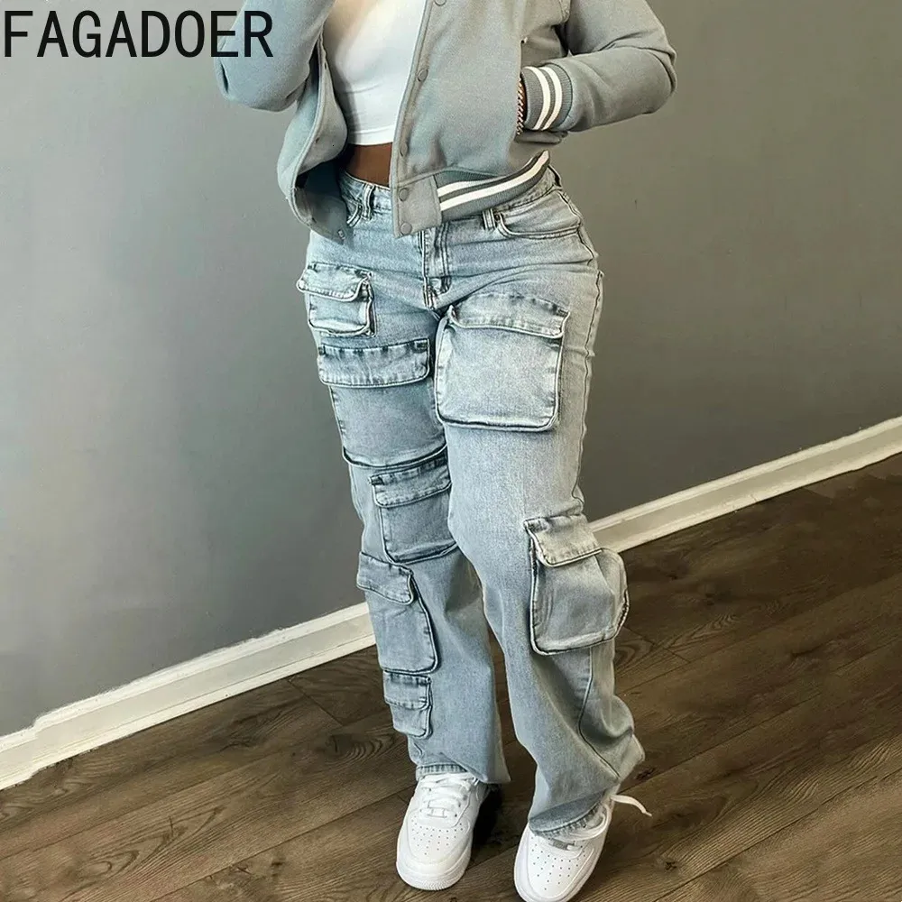 FAGADOER Vintage Mode Denim Pocket Cargo Broek Vrouwen Hoge Taille Knop Rechte Jean Broek Casual Vrouwelijke Cowboy Bodems 240124