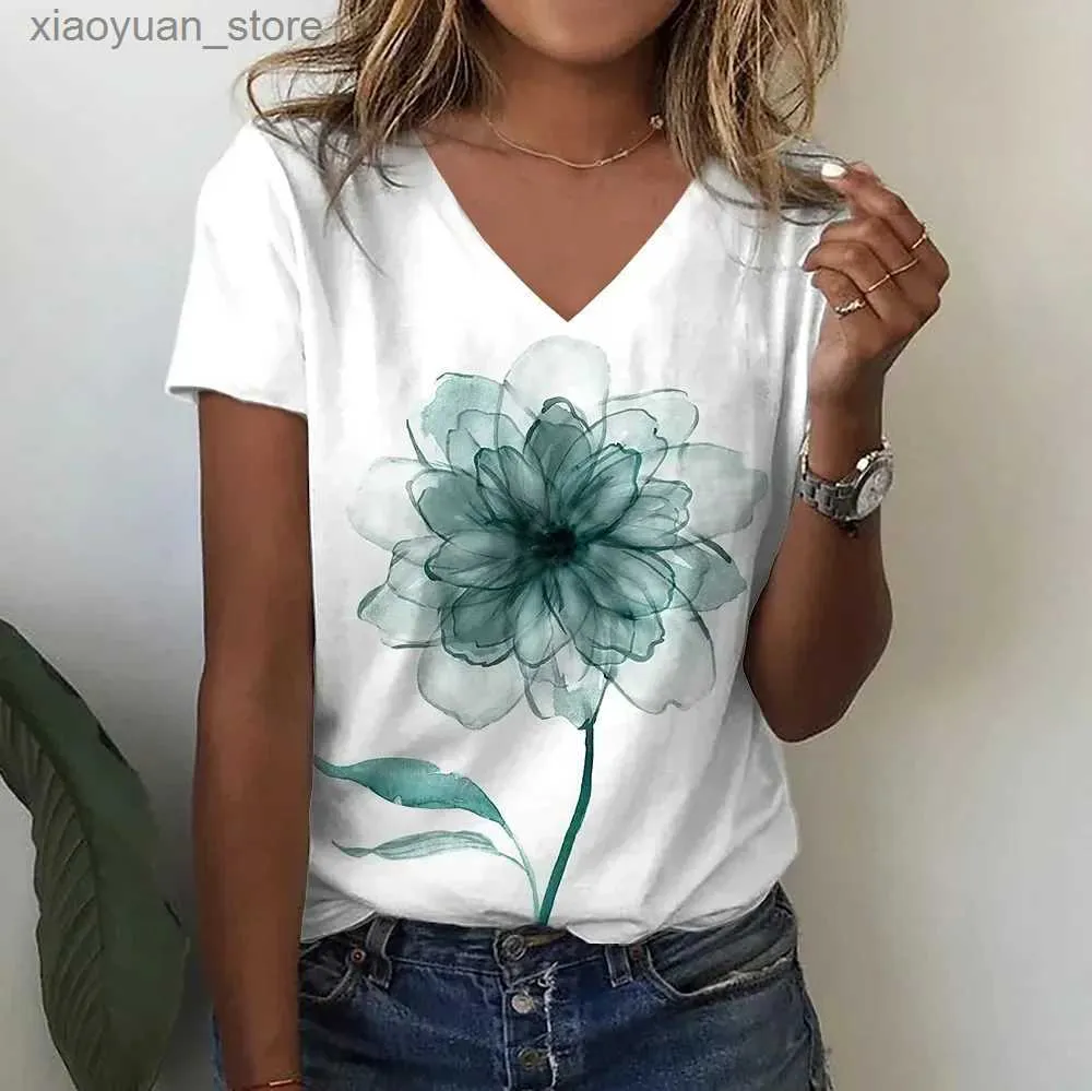Dames T-shirt Zomer Dames Korte mouw V-hals Los T-shirt voor dames Wit Mode Dames T-shirt 3D-gecentreerde bloemenprint Top Casual kleding 240130