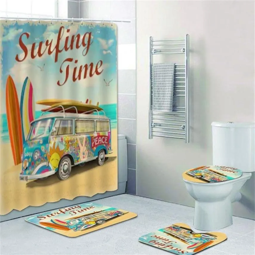 Oude Retro Auto Camper Douchegordijn voor Badkamer Klassiek Surfen Zomervakantie Badgordijnen en Badmat Tapijt Tapijt Set 2011308z