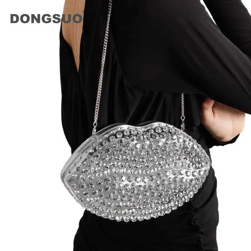 Sacos de noite Lip Forma Clutch Bag Strass Clear Acrílico Luxo Casamento Noite Festa Beijo Bolsa Mulheres 2024 Primavera Nova Rosa Bolsa De Prata