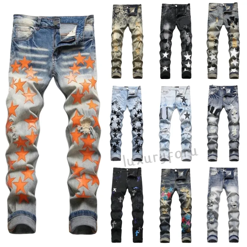 Designer Jeans Heren amirri Denim Broek Mode Gaten Broek Hip Hop Verontruste Rits Broek Hoge Kwaliteit Borduren Gescheurd Patch Hole Denim Rechte Broek