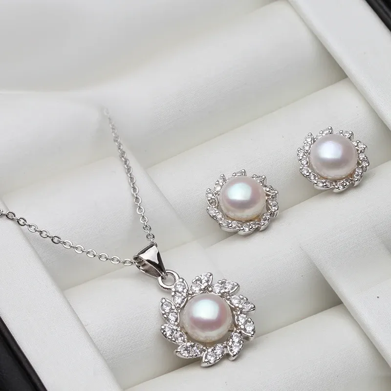 Set set di gioielli con orecchini di collana di perle naturali vere, set di gioielli in argento 925 con perle d'acqua dolce per gioielli coreani da donna