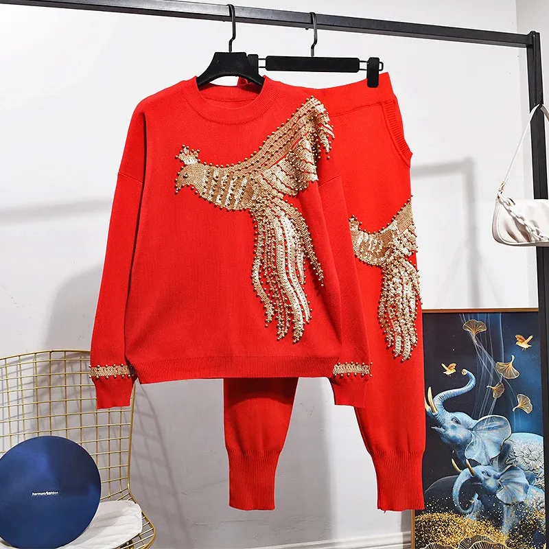 Red Black Grey White Sticke Set Women Manual Sequin Phoenix Sweater Harem Pants Two Piece Outfits Female Tracksuit Knit Suit 240129