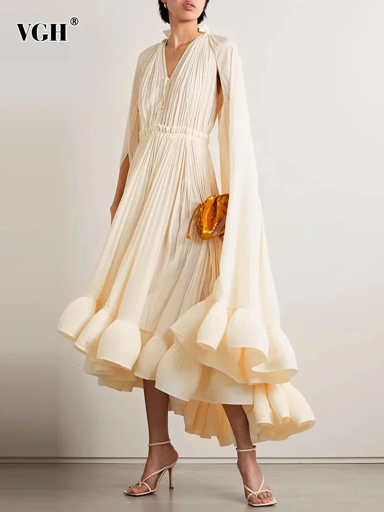 VGH Ruffles Nieregularne, solidne sukienki dla kobiet V Cloak Rleeves z wysokim talią Pliced ​​Lace Up Lose Folds Sukienka Kobieta Summer 240127