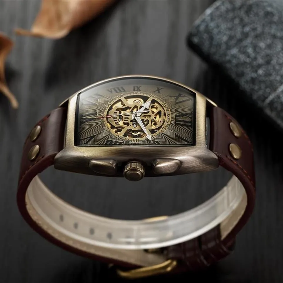 Relojes de moda Vitage para hombre, relojes Shenhua con calavera y esqueleto, reloj mecánico automático de cuero para hombre, reloj Masculino244C
