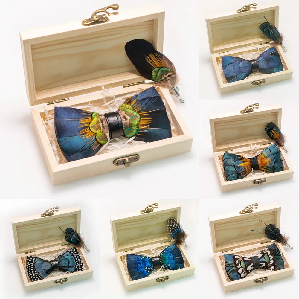 JEMYGINS Exquisite Hand made Feather Bow Tie Brooch Pin Set Wooden Gift Box Pretied Men Bowtie For Wedding Party Dropship 240122