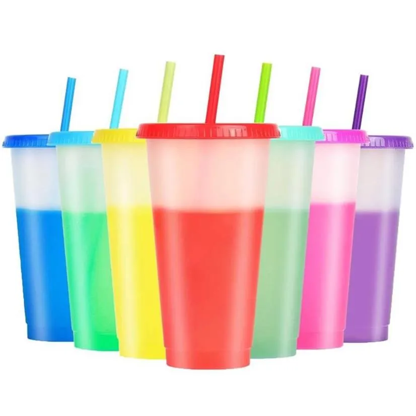 Tassen 7 Teile tragbare Farbwechselbecher mit Deckel Strohhalm Plastikmasse wiederverwendbar für Erwachsene und Kinder260g