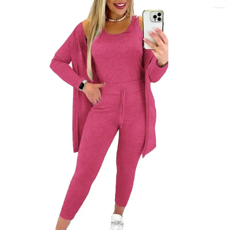 Women's Two Piece Pants Women Outfit 3-piece High Waist Sweatpants Suit With Vest Mid-length Coat For Fall Winter Sports