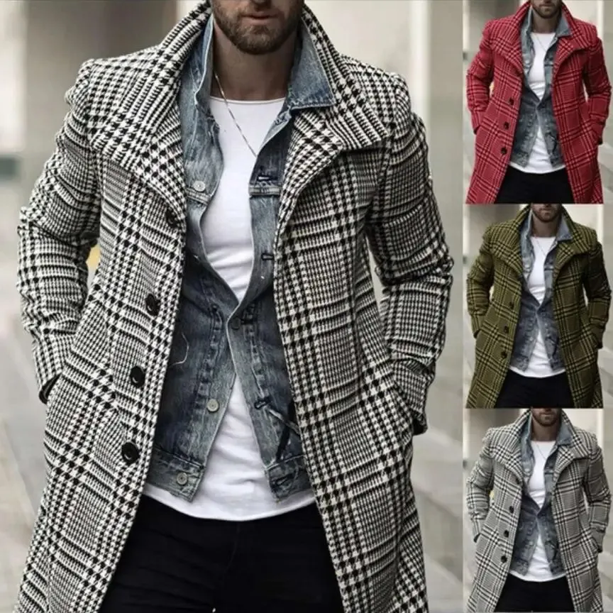 Mensrock Winter Jacket Män överrock varma kläder ull outkläder lång svart vit rutig blandning cardigan manlig kappa plus storlek S-3XL 240124