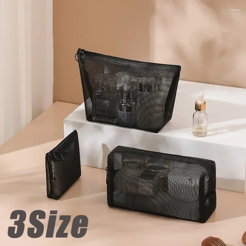 Borse portaoggetti 3 dimensioni Trucco nero Piccolo grande Borsa cosmetica trasparente a rete Organizzatore per astucci per cosmetici Neceser Pouch