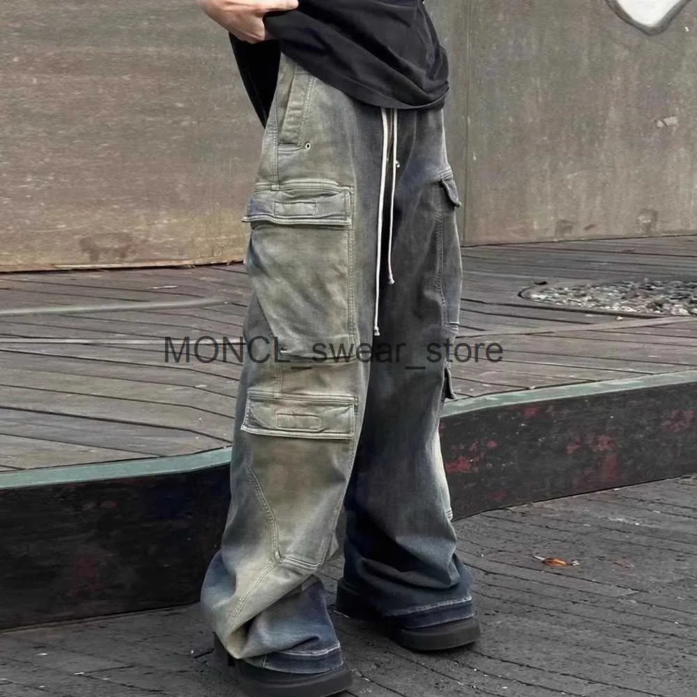 メンズジーンズスタイルのグラデーションリボンマルチポケットドローストリングジーンズ男性用ハラジュクストリートウェア