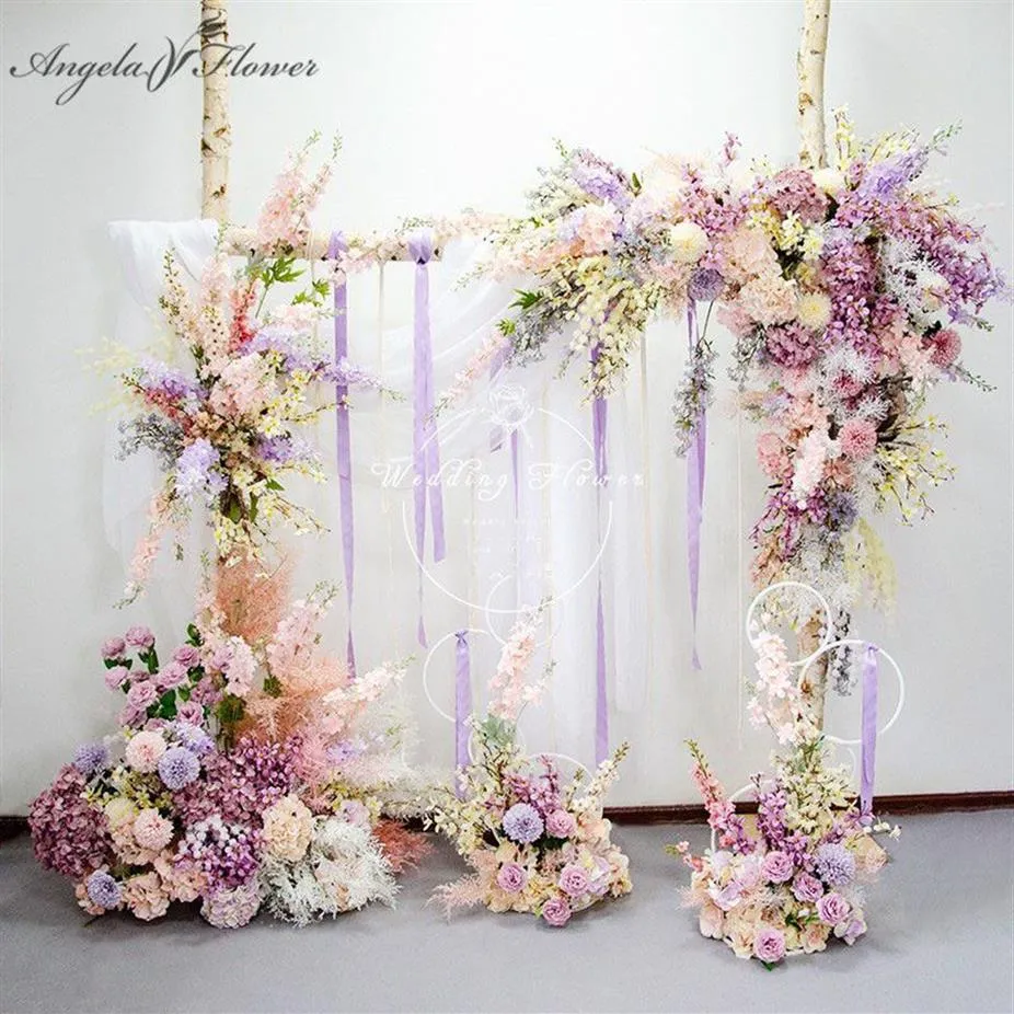 Decoratieve bloemen kransen aangepaste baby roze paars kunstbloem rij huwelijksboog decor achtergrond arrangement rekwisieten podium Roa254j