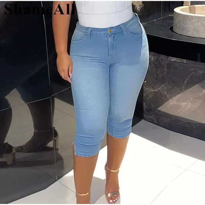 Винтажные средние синие эластичные узкие джинсы до колена больших размеров, рваные джинсы для мам, бриджи, джинсовые джеггинсы, брюки 3/4, леггинсы, капри 5XL 240126