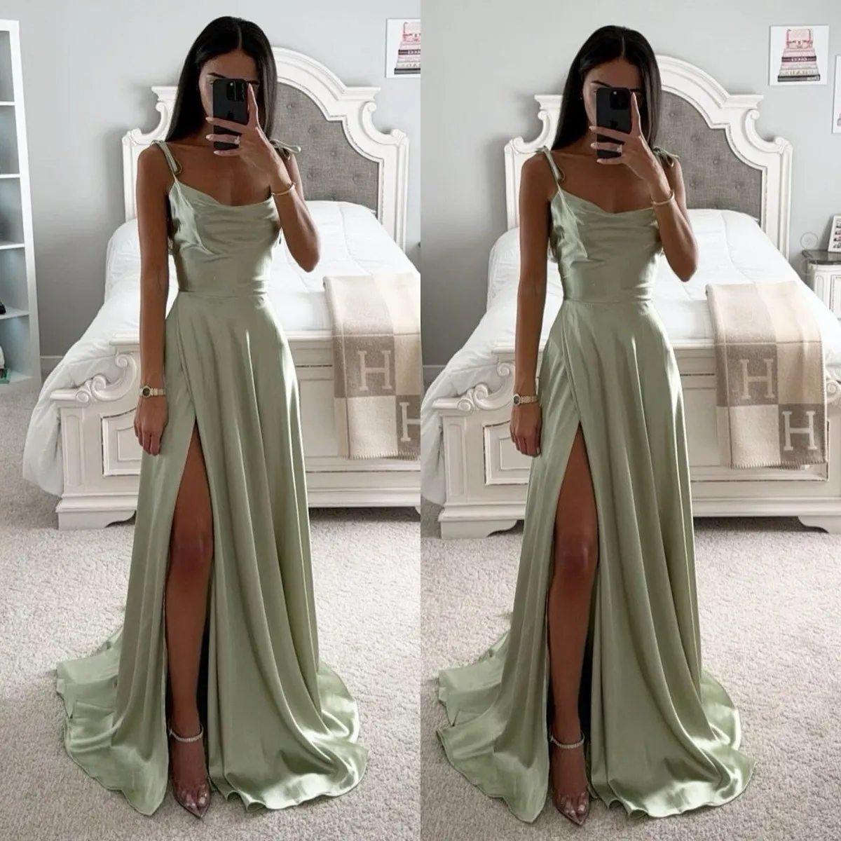 Prom Green clair A Line Straps Satin Evenant Elegant Pleass Split Formal Long Special Ocn Party Dress Robe de Soiree