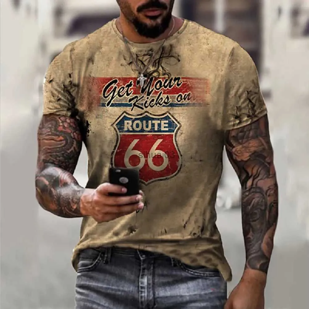 メンズTシャツサマーメンTシャツビンテージ半袖アメリカルート66レター3DプリントファッションOネックTシャツ特大のトップマンTEESクロス