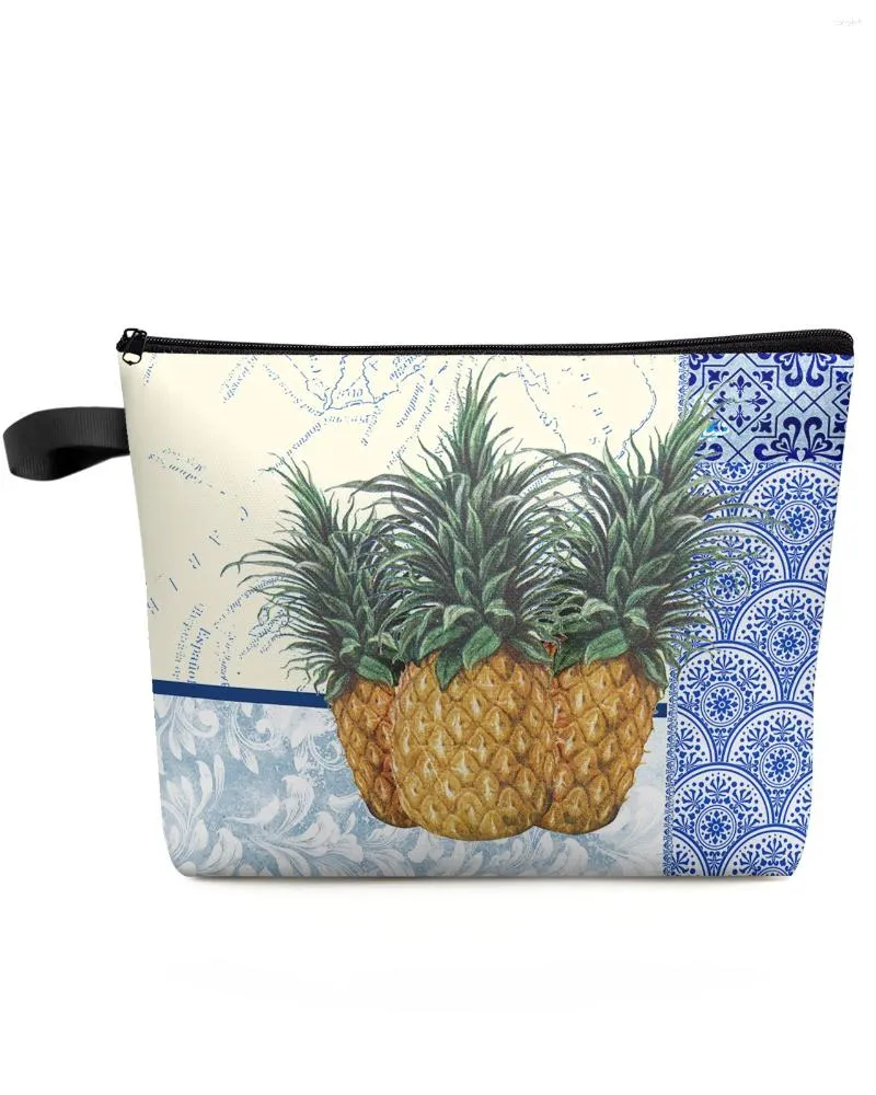 Косметички сине-белые фарфоровые текстуры с ананасом на заказ, дорожная сумка, портативная сумка для хранения косметики, женский водонепроницаемый пенал