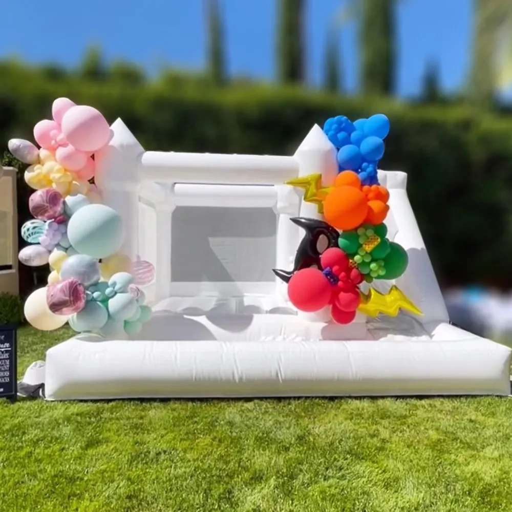 Atacado 3 em 1 aluguel ao ar livre inflável casa de salto branco castelo bouncy slide casamento bouncer salto castelos jumper com piscina de bolinhas para crianças com ventilador