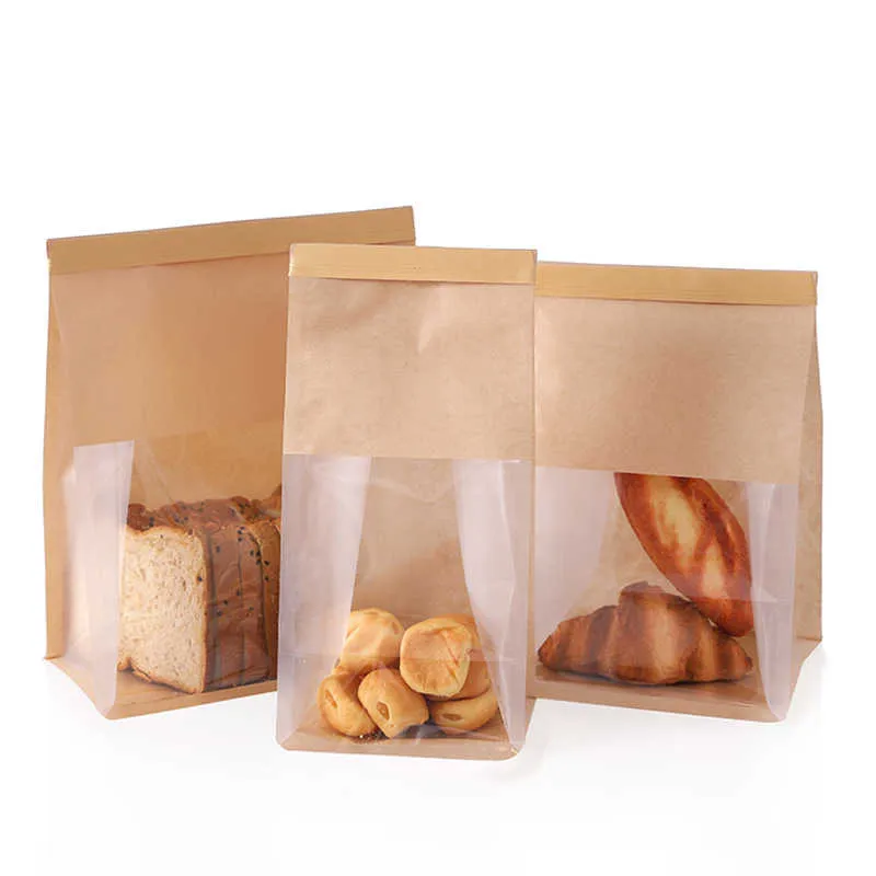Kraft Paper Baking Cake Food Packaging Bags Transparent Window Display PET Plastic Moisture-Proof Sealing Pouch For Bread Toast Hamburger Cookies Snack Storage