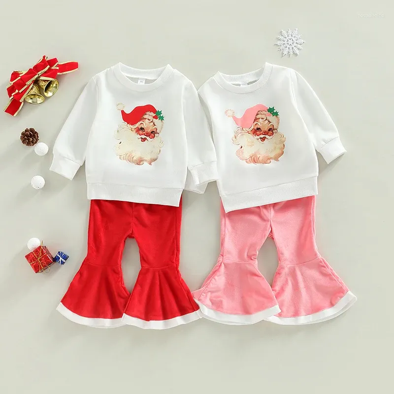 Kläder sätter fokusnorm 0-4y jul baby flickor 2 st kläder jultomten tryckt långärmad tröja toppar sammet flare byxor