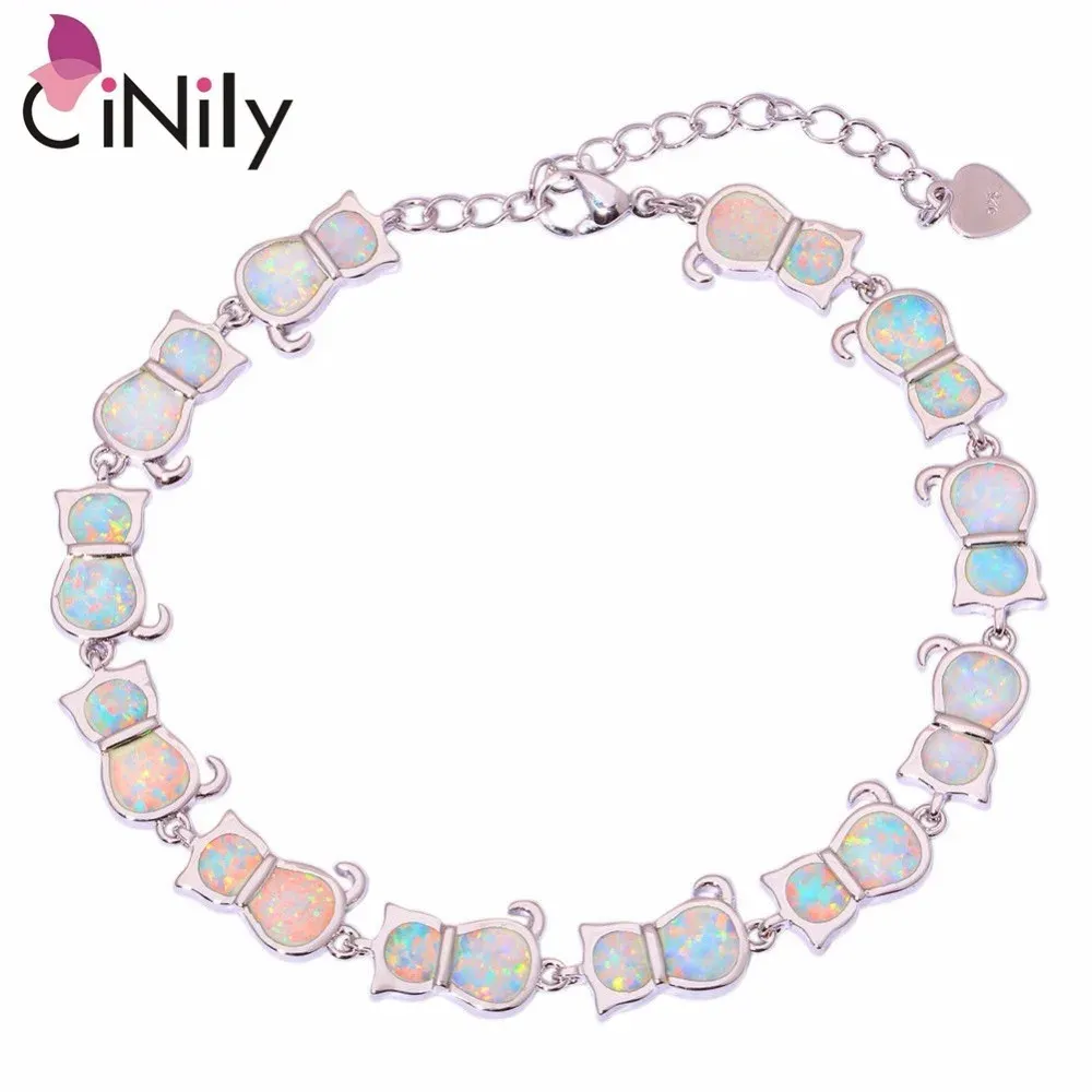 Pulseiras CiNily Criado Opala de Fogo Branco Banhado A Prata Atacado Adorável Gato Bonito para Mulheres Jóias Presente Pulseira de Corrente 7.5 "OS333