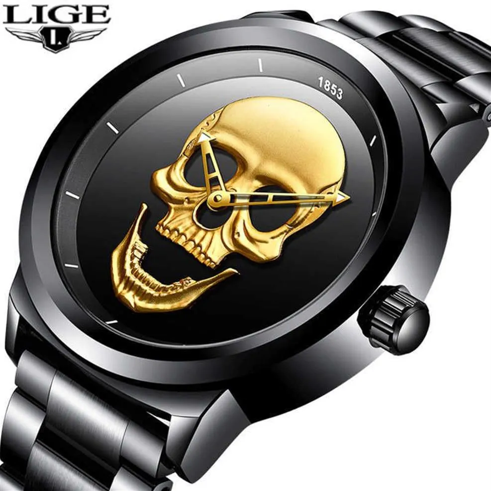 Relogio Masculino Lige Mens Watches Skull Watch Men's Military Sports Watch Men防水ステンレス鋼ゴールドクォーツ時計269d