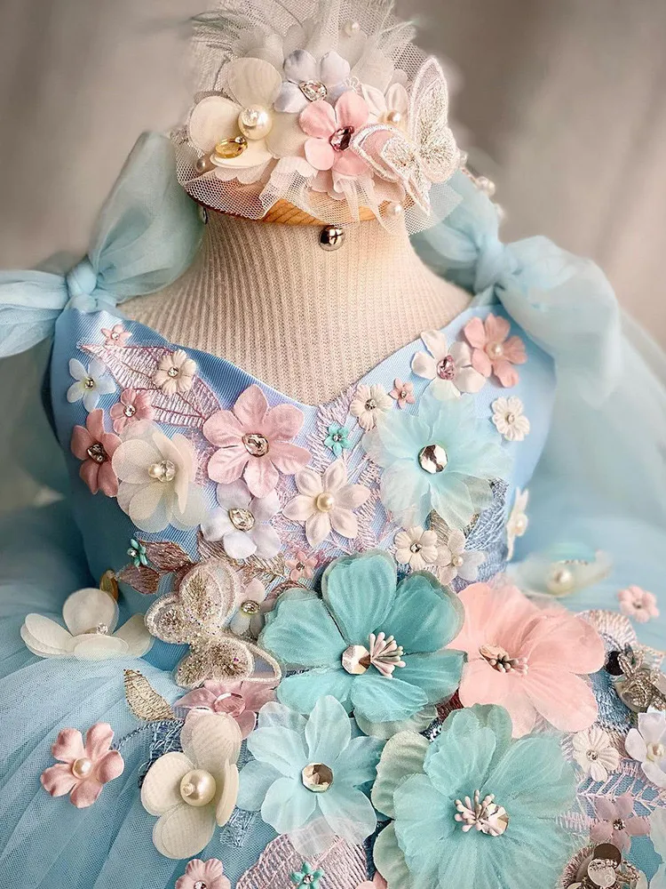 Handmade Sky Blue Butterfly Pageant Dress with Colorful Tiered plumetis tulle - Perfect for Birthdays and Princess/Queen Marriage - Style 403