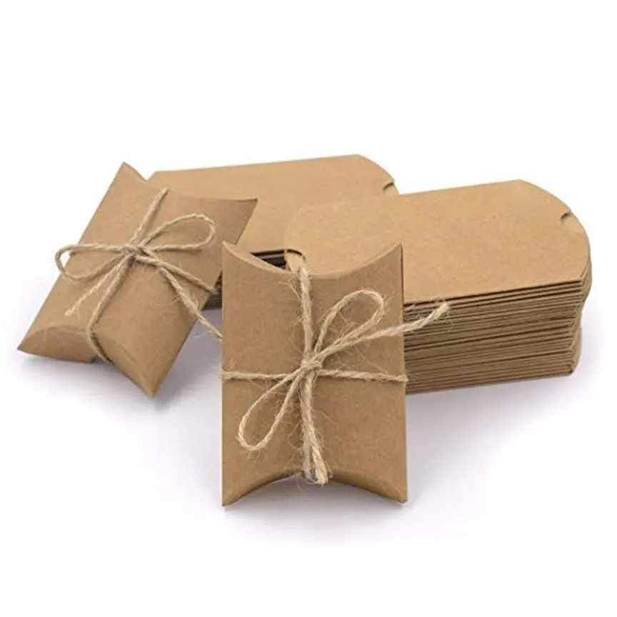 Boîte à bonbons en papier Kraft avec cordes, paquet de 100 pièces, oreiller, cadeau pour fête de mariage, fourniture 245i