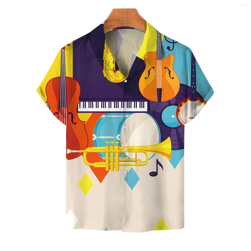 Casual shirts heren heren Mens mode muziekinstrumenten digitale 3D print blouse reversknop korte mouwen top retro sportkleding