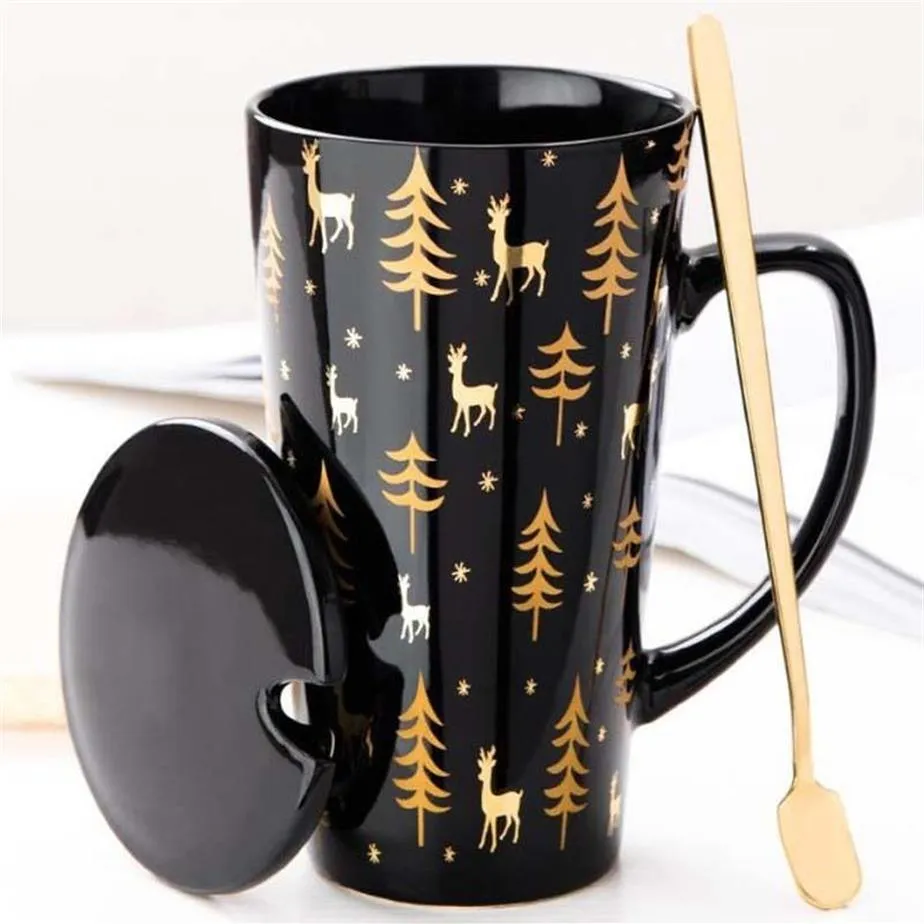 Creative Black White Mug Set Couple Cup with Lid Spoon Personality Milk Juice Coffee Tea Water Cups Easy Carry Travle Home Mug T20204S