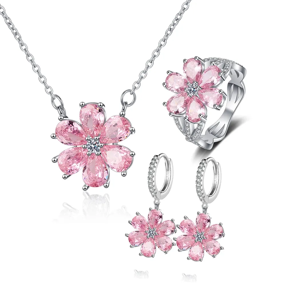 Collana in argento sterling 925 Fede nuziale Donna Braccialetti con fiori rosa Orecchini Collana Anelli Set di gioielli di moda