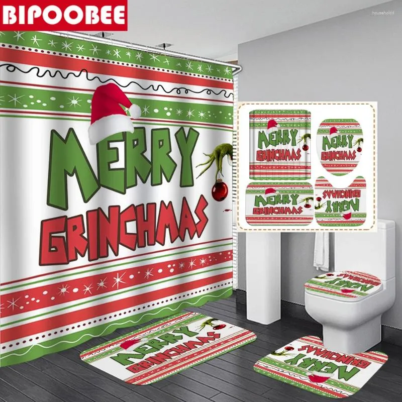 Douchegordijnen Vrolijk Kerstfeest Badkamerset Groenharig Monster 3D Kerst Home Decor Wc-deksel Cover Badmat Antisliptapijt