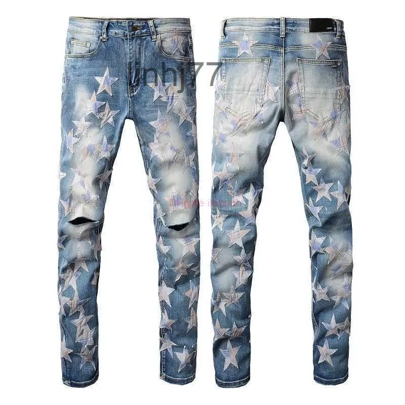 Mens Designer Slim Fit Jeans: Stretch Denim Pants with Star Patch