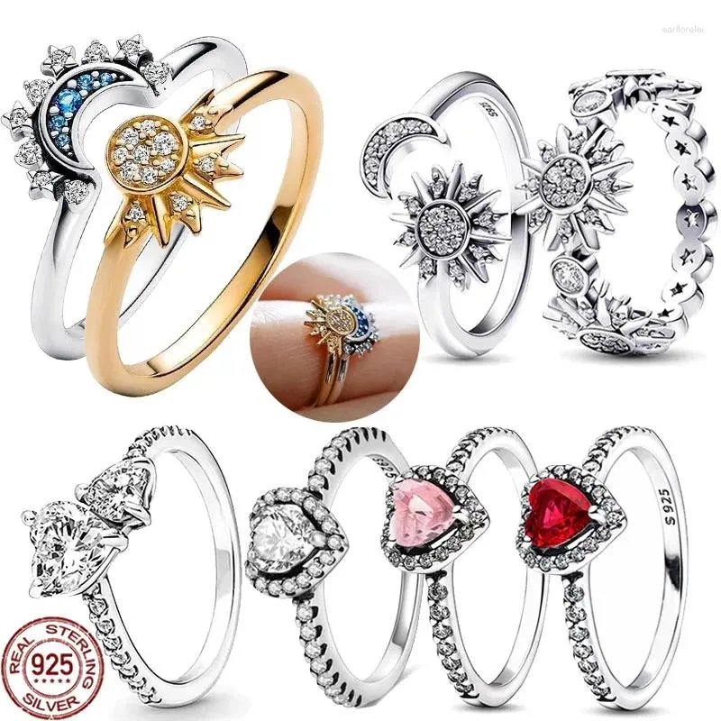 Cluster-Ringe, die 925 Sterlingsilber-Klassiker-Kronen-Herz-förmigen Ring verkaufen, vorzüglicher Sonne-Mond-Licht-Luxus-Charme-Frauen-Schmuck-Geschenk