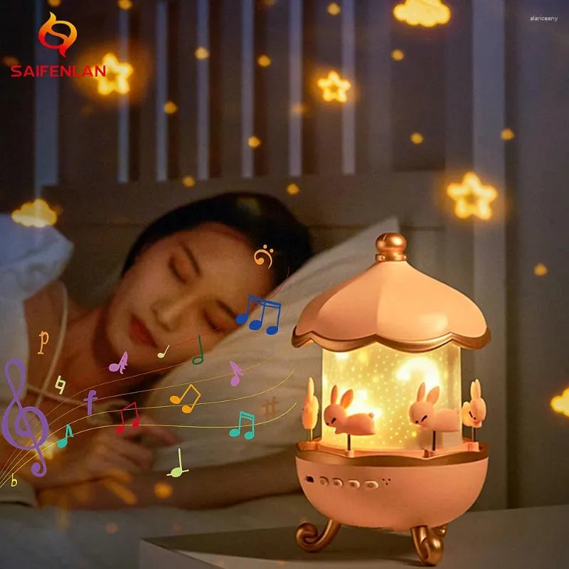 Veilleuses rechargeables Bluetooth haut-parleur étoile projecteur lumière rotatif lapin pleine lampe cadeau pour enfants fille petite amie