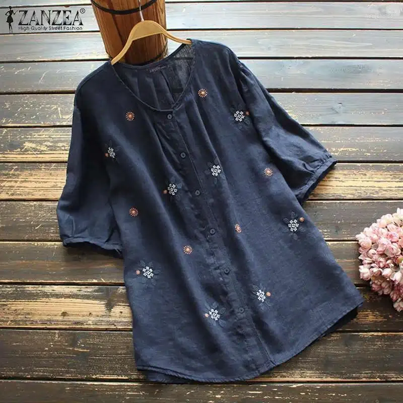 Women's Blouses ZANZEA Summer Floral Embroidery Blouse Women Vintage Short Sleeve Shirt Casual O Neck Buttons Loose Blusas Female Tunic Tops