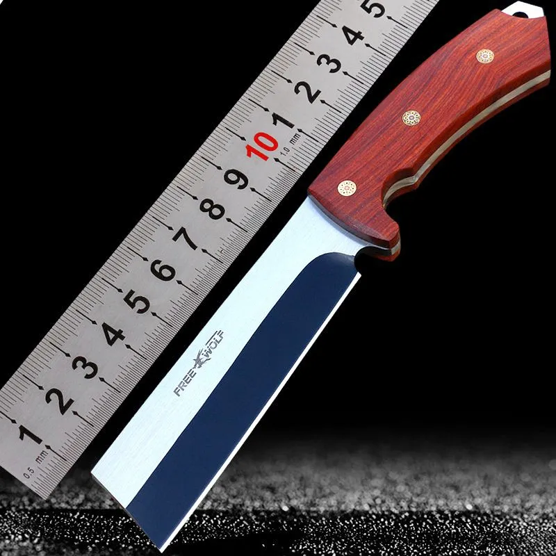 Fixat bladjaktkniv i högsta kvalitet 9Cr18Mov Bladet Trähandtag utomhus camping raka knivar med läderhölje