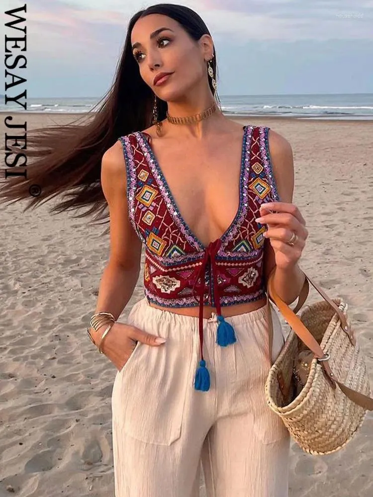 Tanks pour femmes Wesay Jesi Traf Mode d'été Top à lacets multicolore motif géométrique brodé style rétro dos nu mini suspe