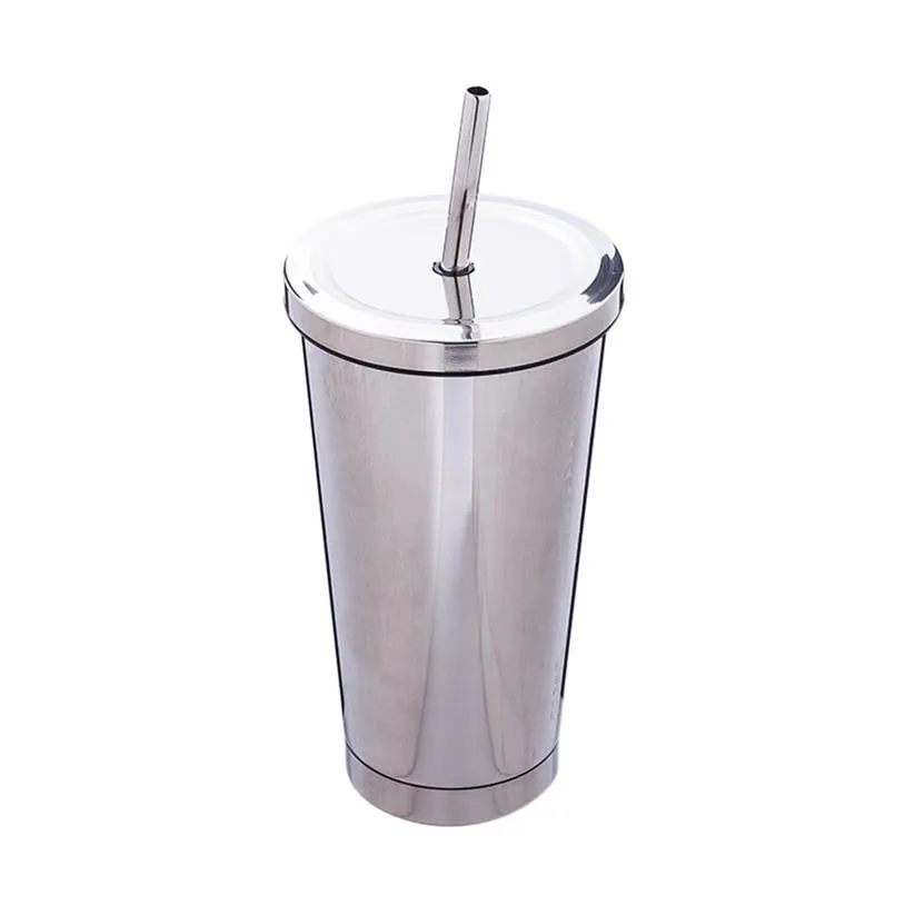 500 ml Edelstahl-Vakuum-isolierte Trinkflasche für Reisen mit Strohhalm und Deckel, Wasserbecher, Glas, draußen, Auto – Silver Rose Steel T267x