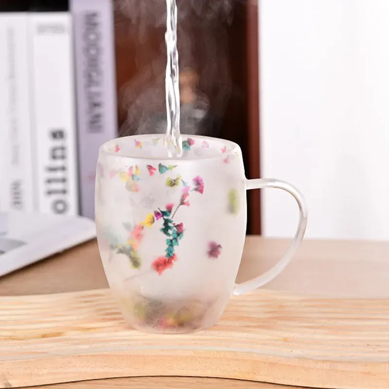 Tazza In Vetro A Doppia Parete Con Fiori Secchi – 330 Ml – Isolata E Resistente - 4