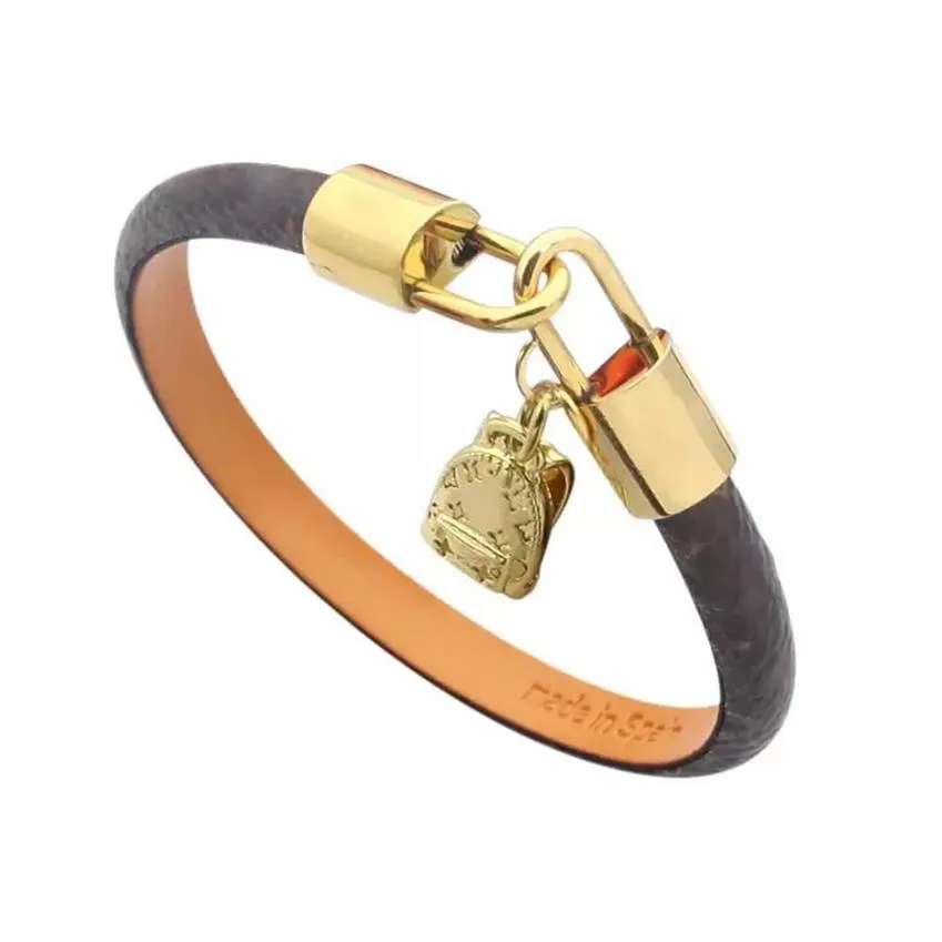 Pulseira de designer de jóias de alta qualidade pulseira plana marrom marca charme pulseira de couro pulseira de bloqueio de metal para homens e w266c