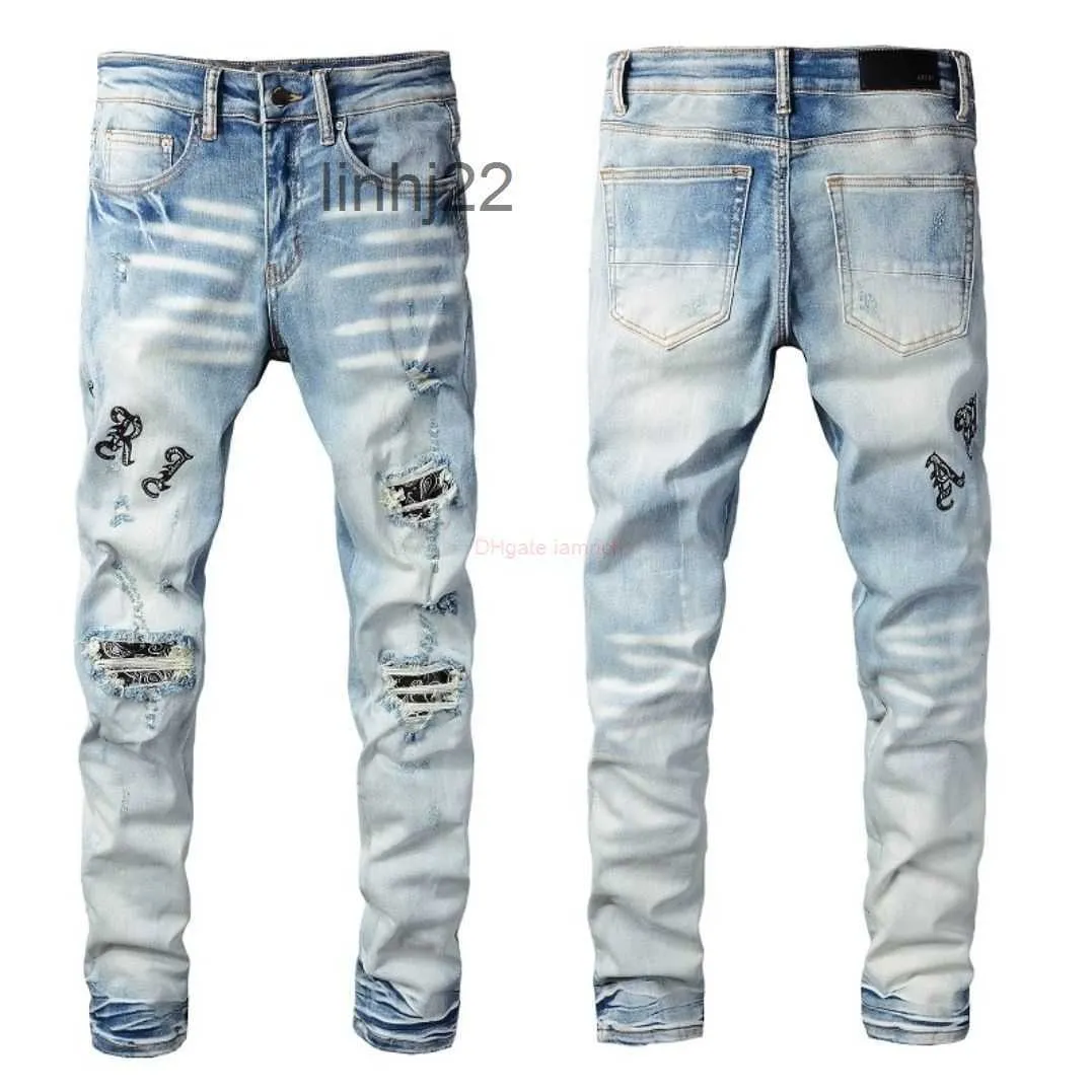 Herenjeans Designerkleding Amires Denim Amies Nieuw 828 High Street Fashion Brand Washed Worn Out Letter Geborduurd Slim Fit Elastisch voor Mannen Distressed r