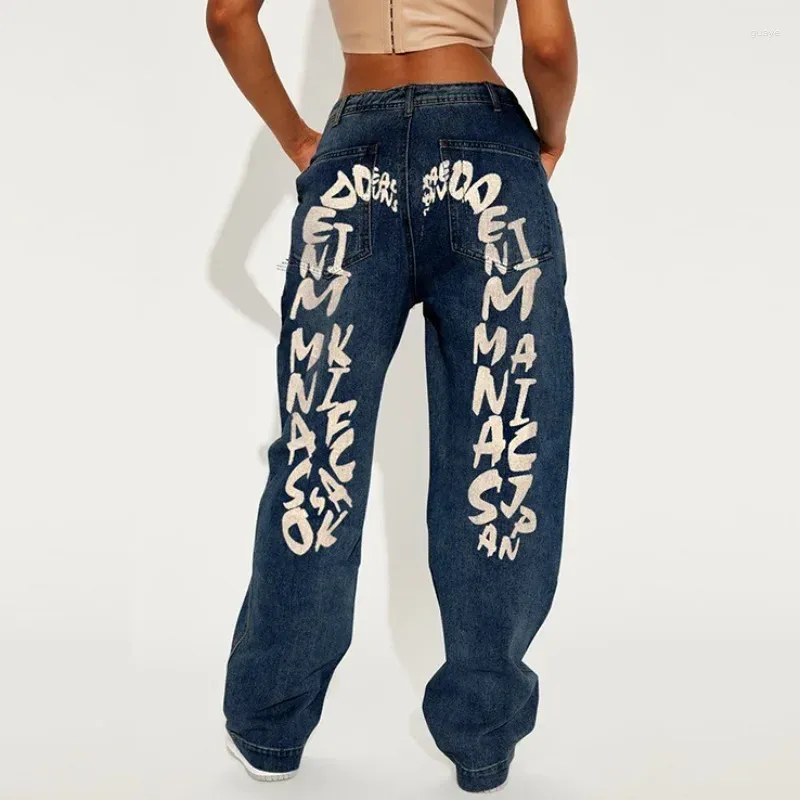 Jeans da donna stampati blu strappati per uomo pantaloni hip-hop versatili originali larghi dritti lavati moda retrò tendenza nazionale strada