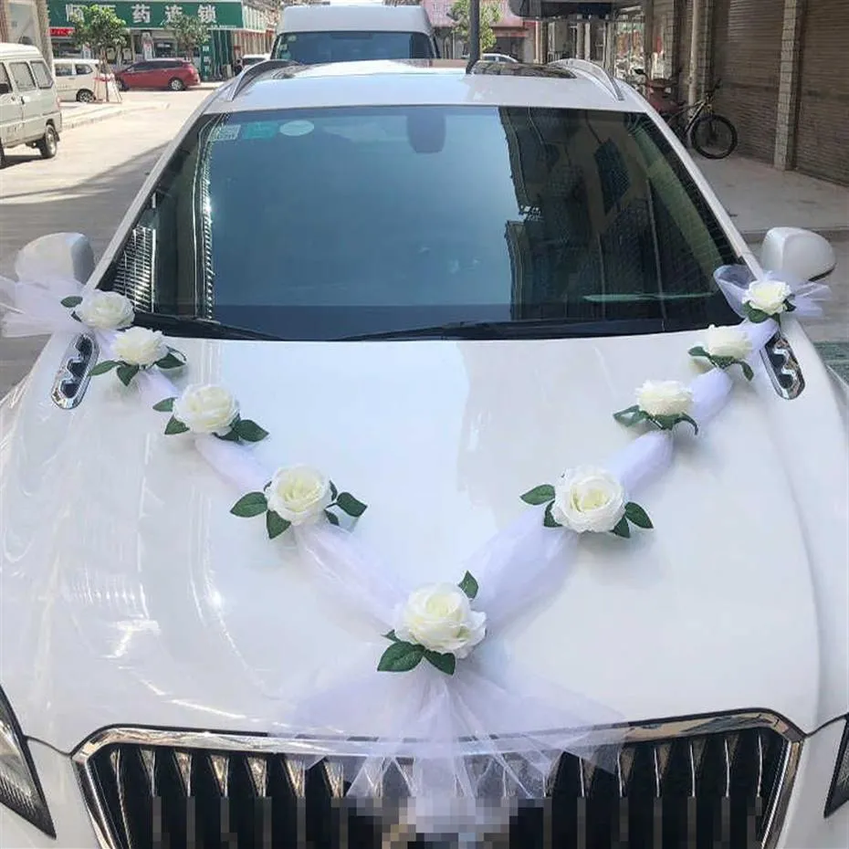 Beyaz Gül Düğün Araç Dekorasyonu Gelin Araç Dekorasyonları Kapı Kolu Şeritler İpek Çiçek T200103281B