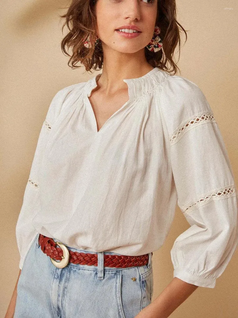 Blouses pour femmes Femmes françaises évider chemise à manches bouffantes dames col en v hauts amples chemisier blanc plissé
