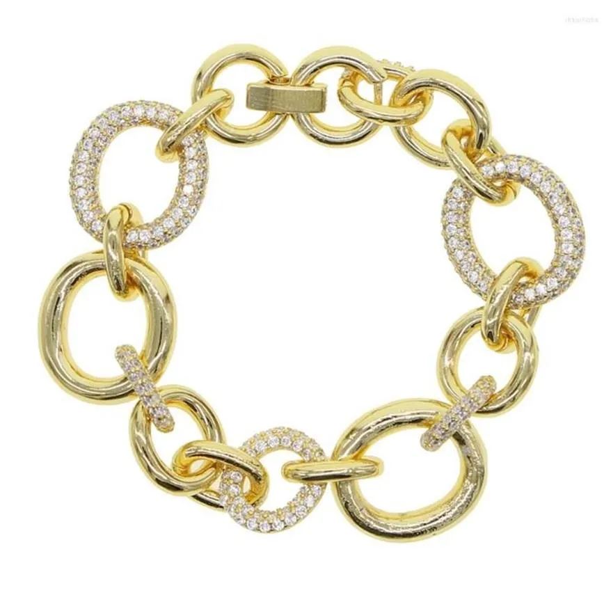 Braccialetti con ciondoli Bracciale a catena a maglie grandi punk con cristallo color oro CZ rotondo Femme per gioielli di moda da donna346e