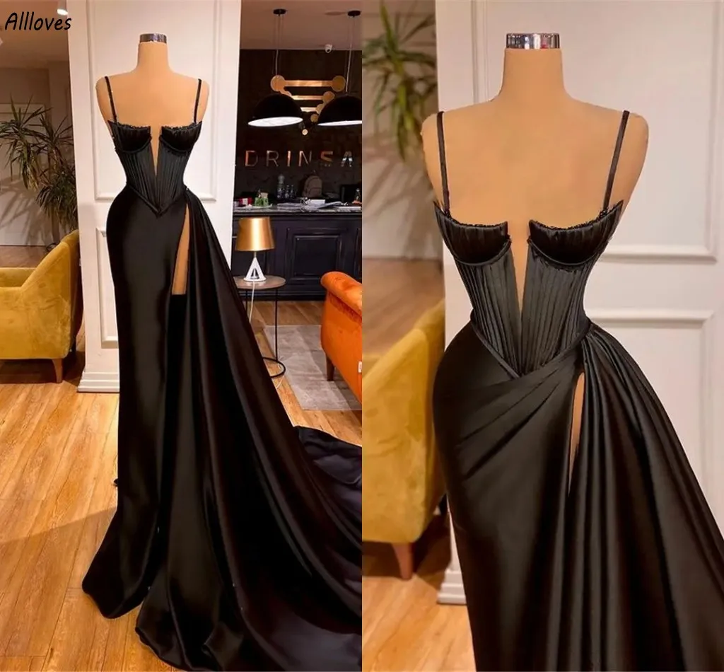 Spaghtti Straps Vintage Black Evening Dresses With Pleats Aso Ebi Women Formal Party Gowns Satin Elegant Sexy Thigh Split Second Reception Birthday Dress CL3267